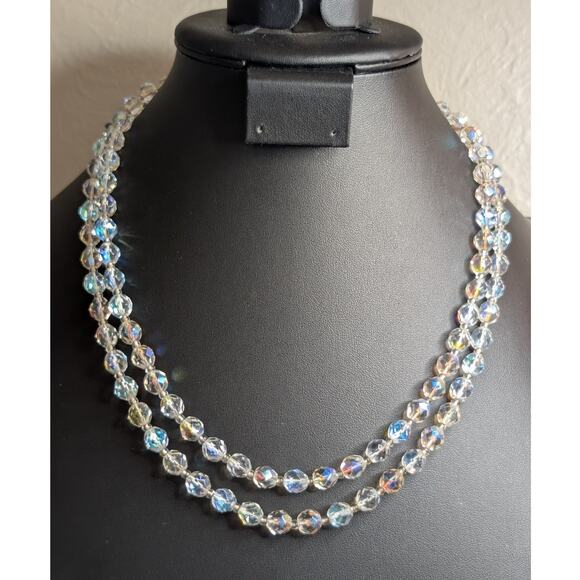 Vintage Aurora Borealis Faceted Crystal Double Strand Box Clasp 20" Necklace - Picture 1 of 6